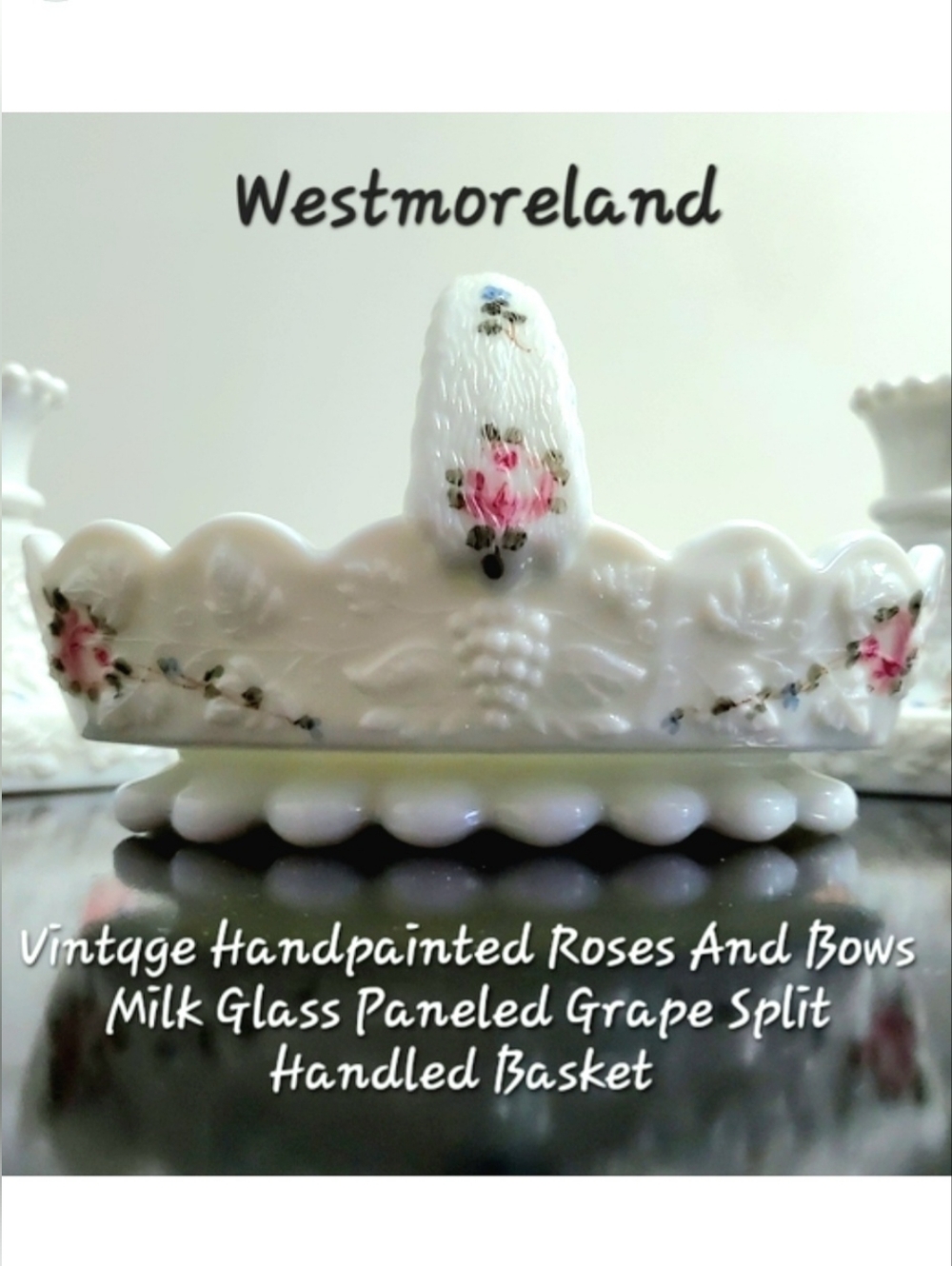 6" Westmoreland White "Roses And Bows" Milk Glass Split Handle Basket